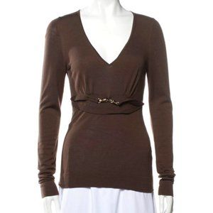 Gucci Wool Top Brown Long Sleeve Sweater with V-Neck SMALL